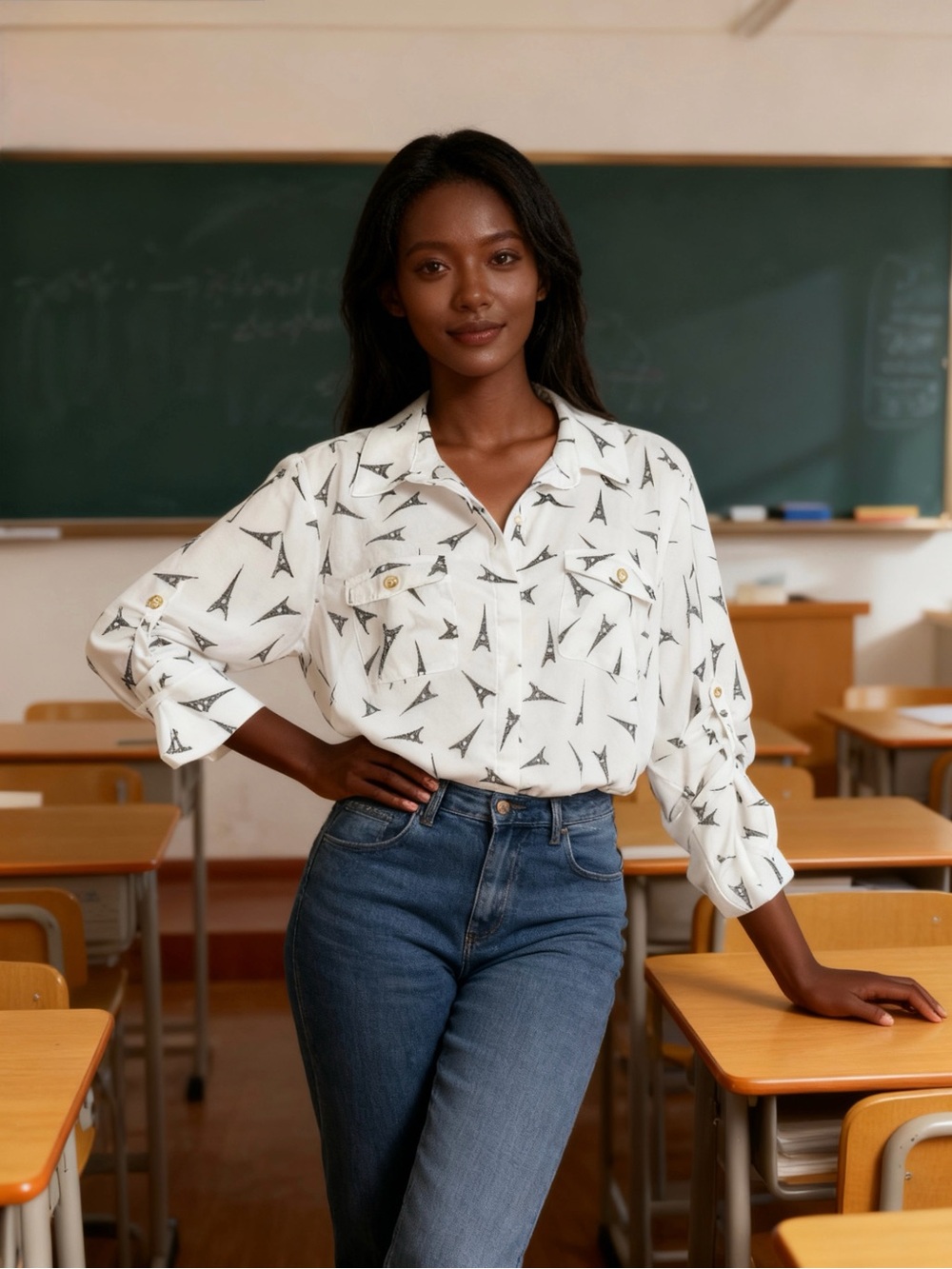 Karl Lagerfeld White Eiffel Tower Print Button-Down Blouse